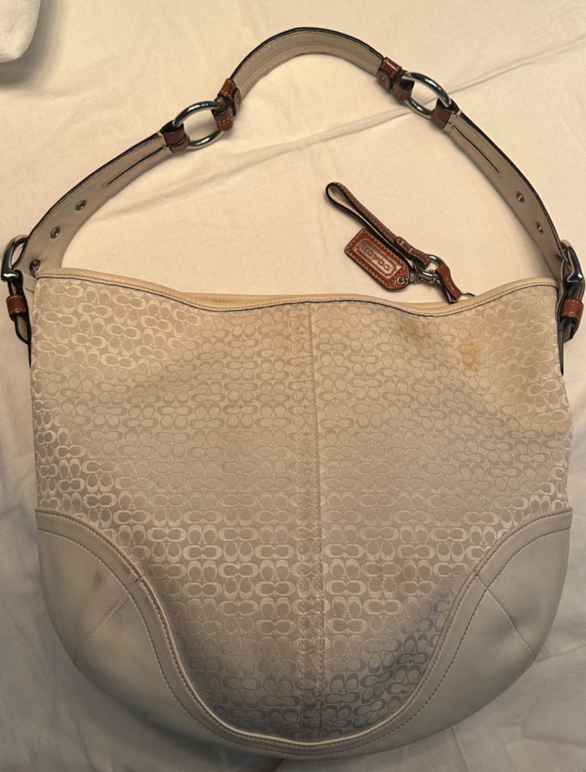 Coach Signature Hobo CC Monogram Shoulder Bag Cognac Leather White Fabric