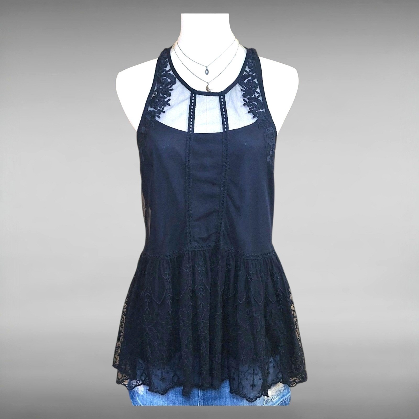 Vintage Y2K Hollister Black Boho Lace Sheer Embroidered Peplum Cami Top Womens S
