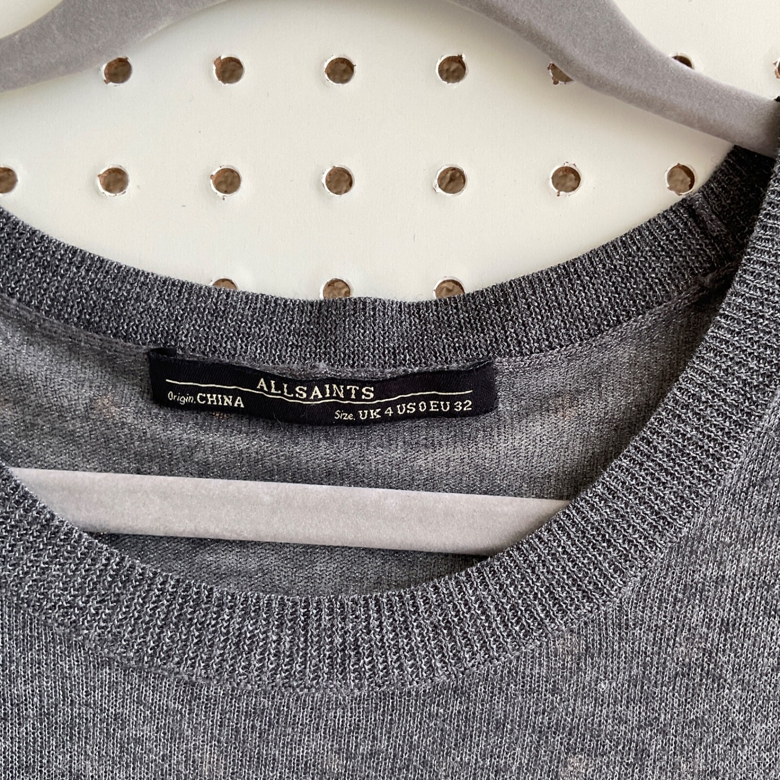 ALLSAINTS Sheer Metallic Womens Tunic Top Size 0 Silver Gray Knit Sleeveless