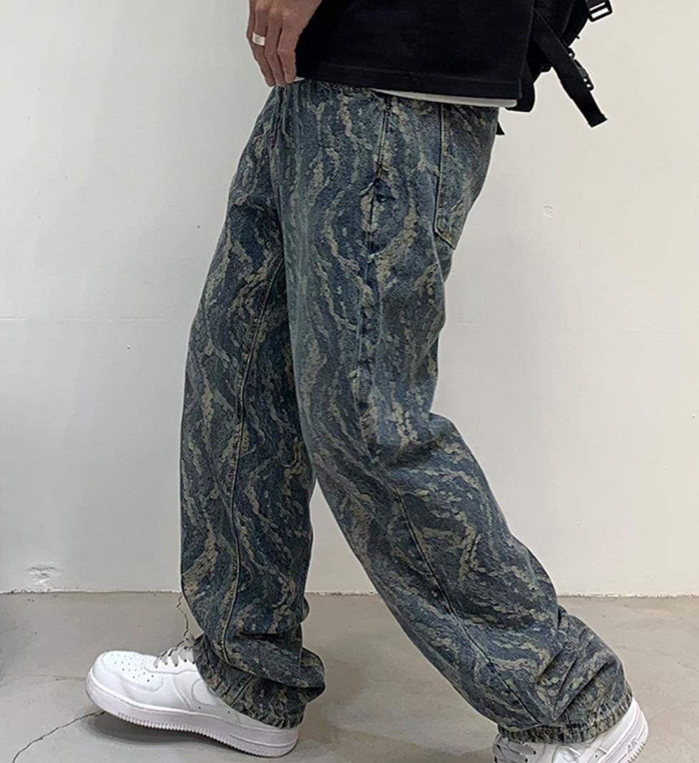 Men’s Blue Denim Jeans Straight Leg Casual Punk Hip Hop Pants Pockets Trousers