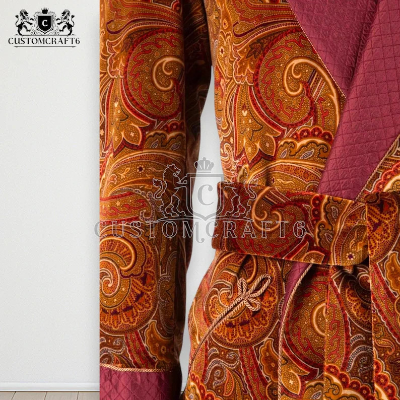 Luxury Men’s maroon jamawar Smoking Robe | Quilted Lapel & Cuffs | Victorian Sty
