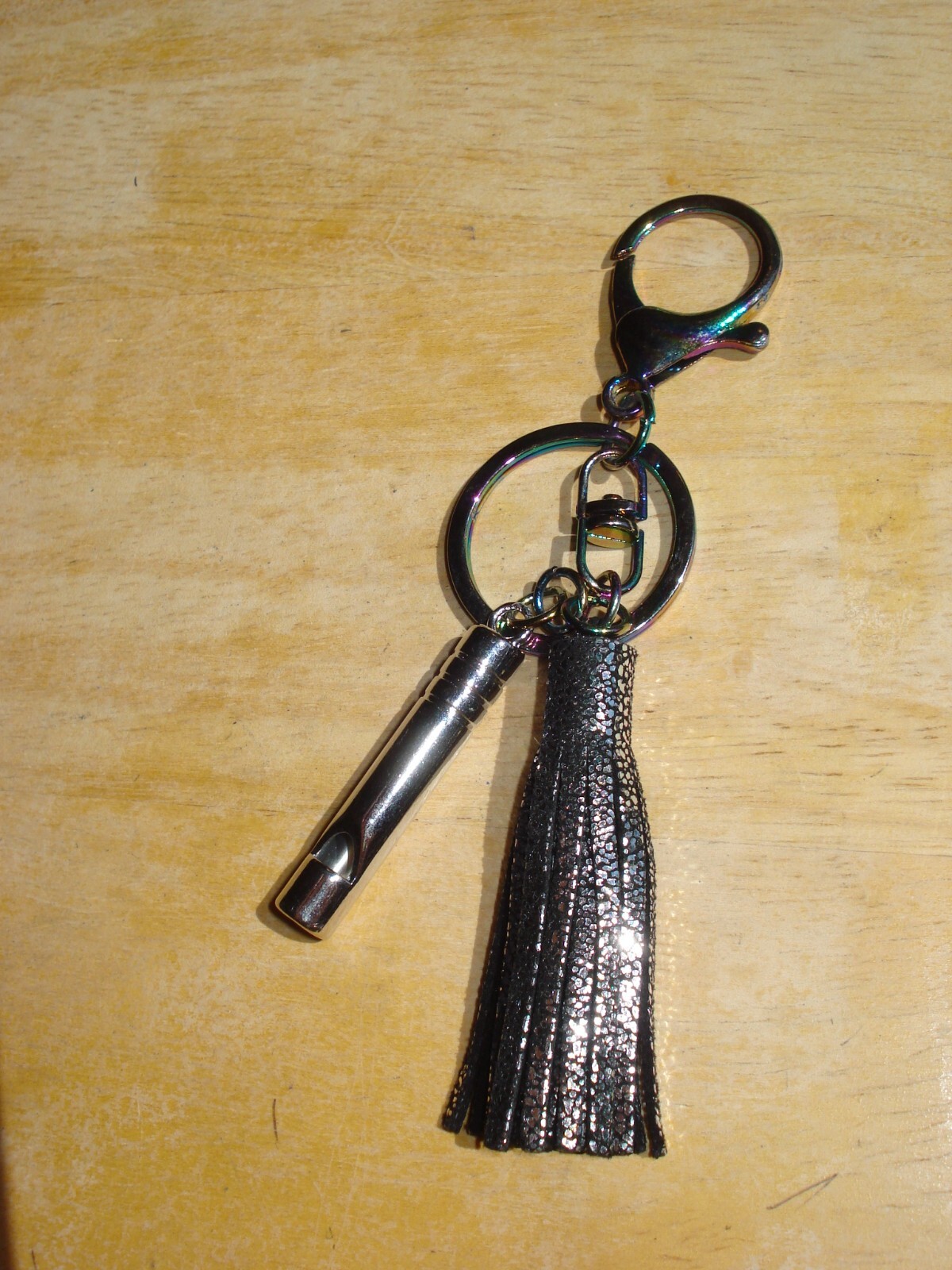 4 3/4″ Drop Emergency Whistle Black & Silver Metalic Hologram Tassel Key Ring