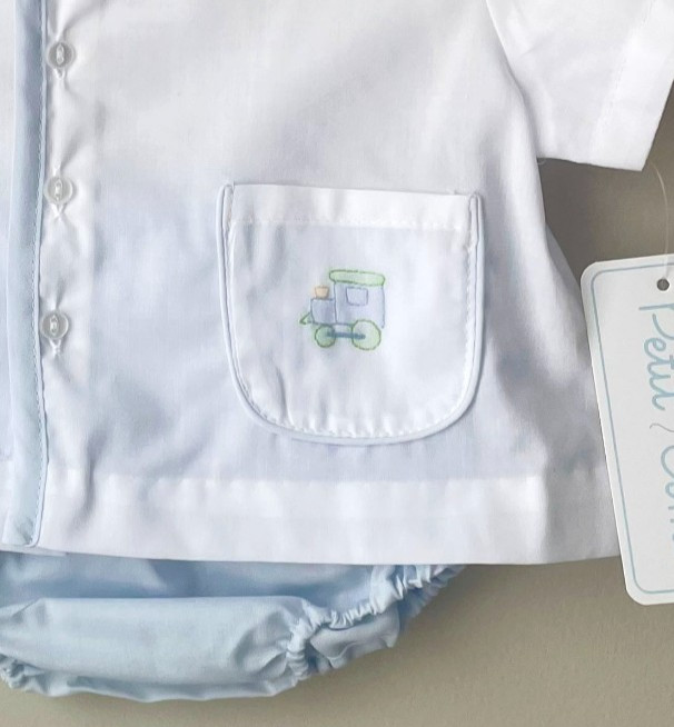 NWT Petit Ami White Blue 3pc Train Batiste Diaper Set Newborn Baby Boys NB & Hat