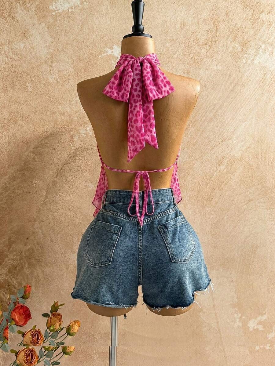 Leopard Print Halter Neck Top Backless Asymmetrical Boho Vacation Beach Blouse
