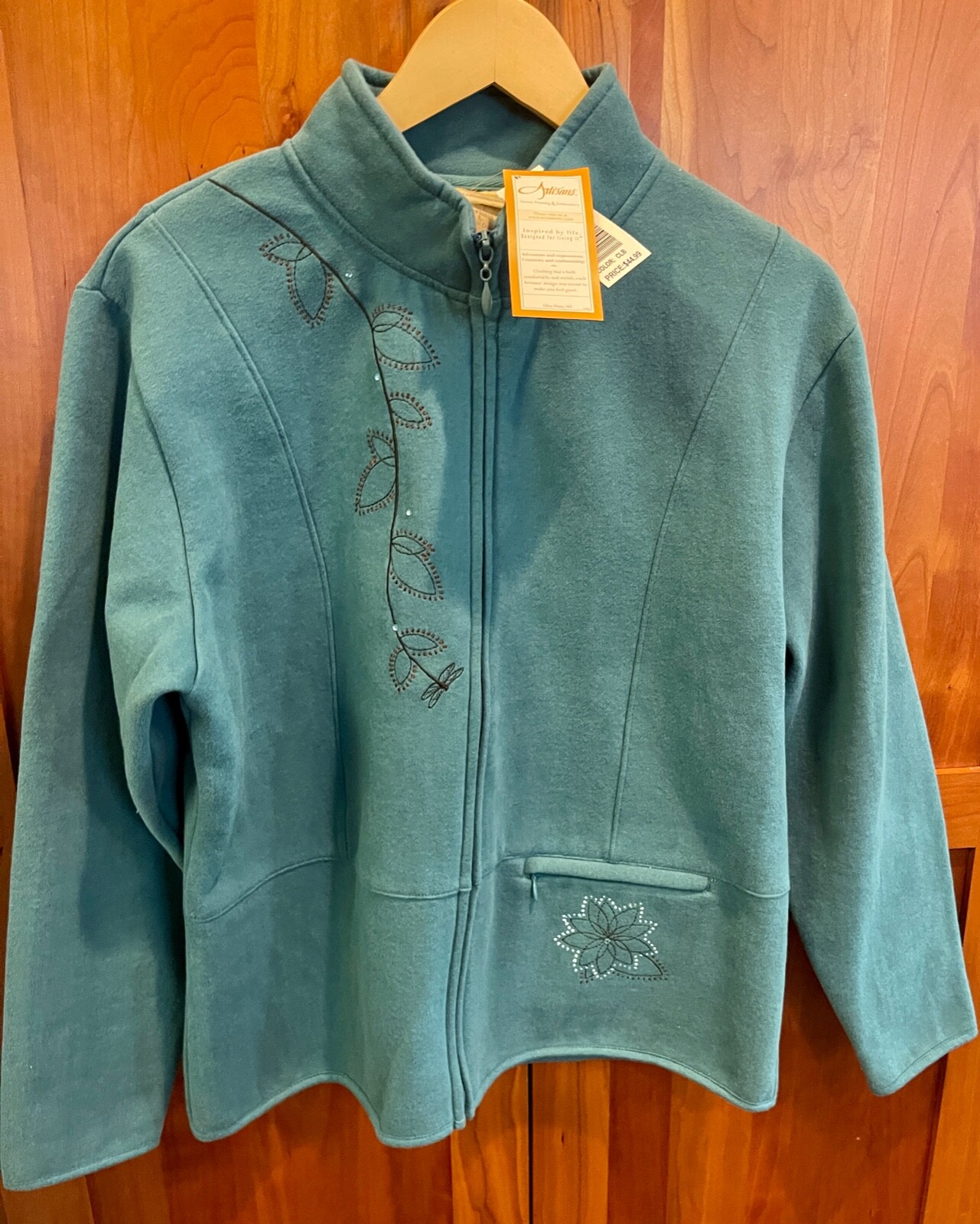 NWT Artisians Dragonfly Embroidered Rhinestones Teal Zip Fleece Jacket Women’s L