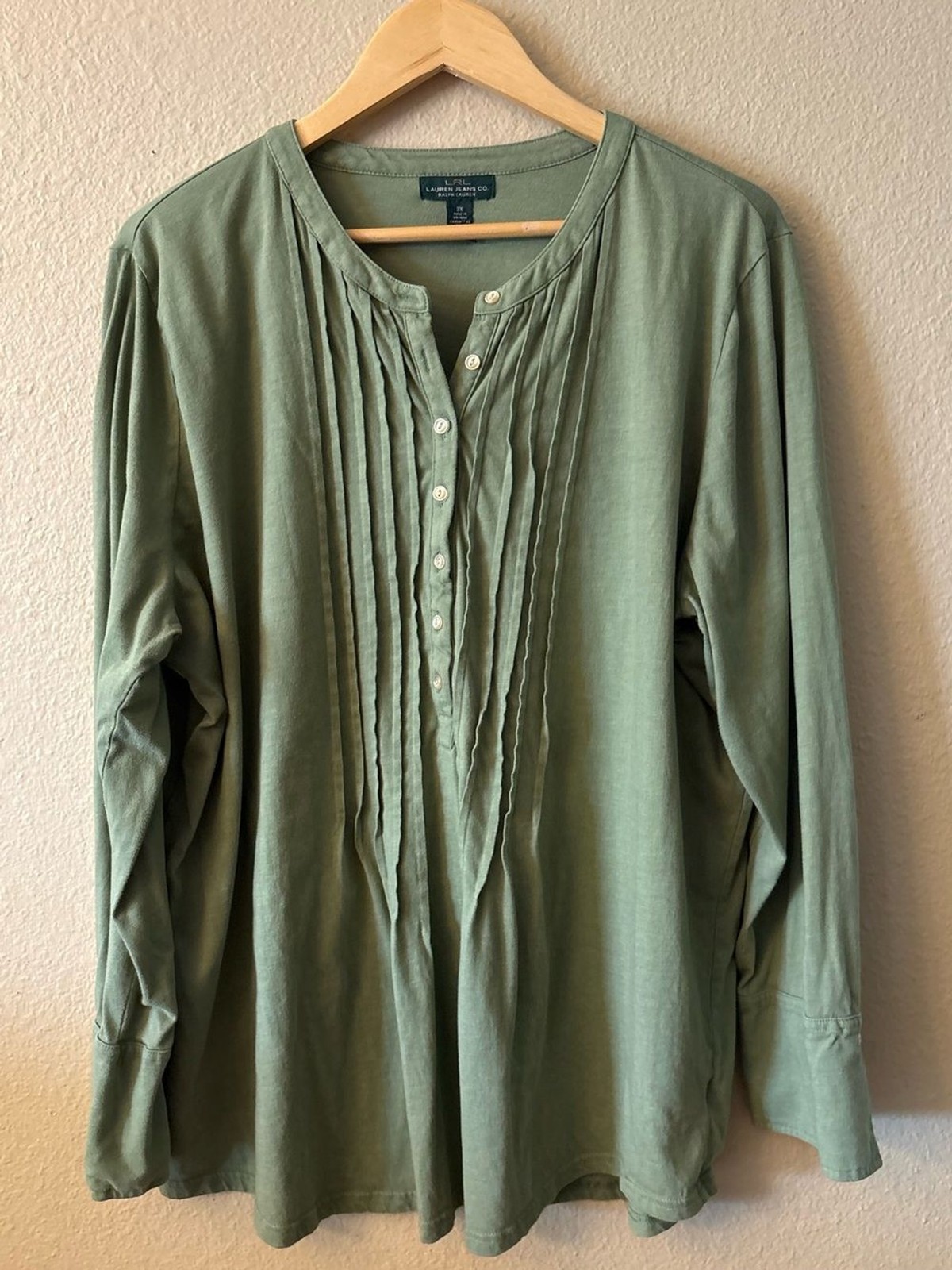 Lauren Ralph Lauren Sage Green Pintuck Henley Top 2X Long Sleeve
