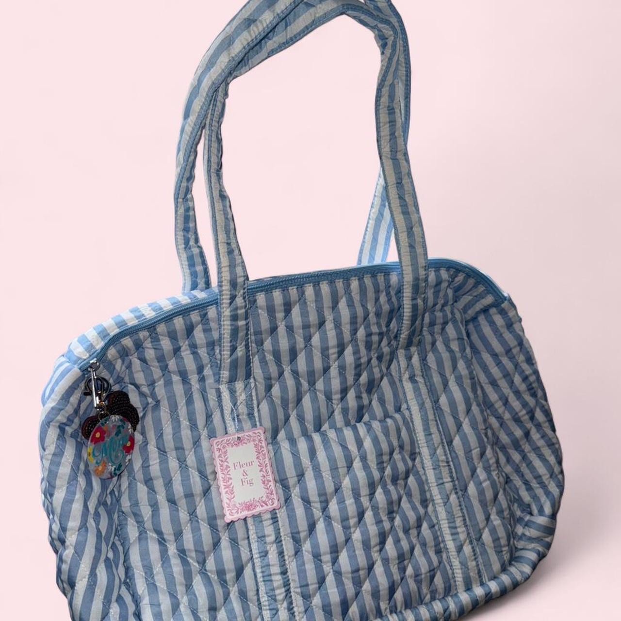 Fleur & Fig Striped Quilted Medium Tote With MOM and Bear Removable Bag Charms
