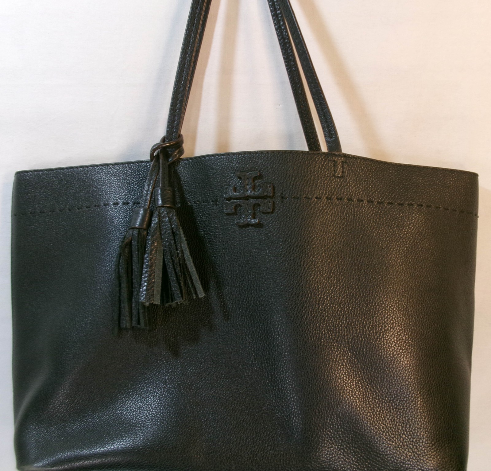 Tory Burch McGraw Pebbled Leather Large Tote with Logo and Tassel In Black