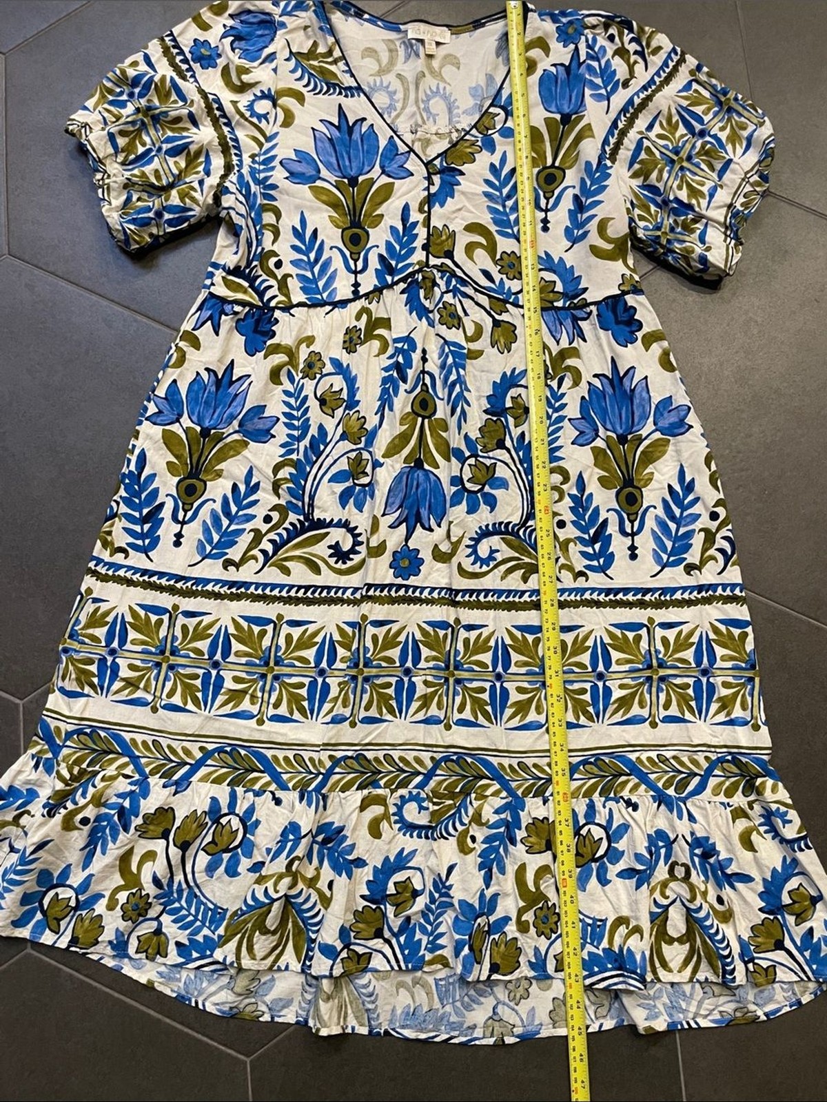 Anthropologie Fig + Flower Blue & Olive V-Neck Boho Dress 1X XL