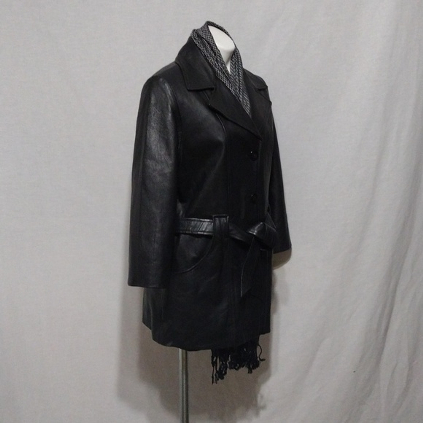 Phase 2 Vtg Gothic Black Leather Belted Button Down Jacket Coat MP Thigh Length