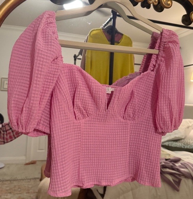 ASTR The Label Pink Gingham Smocked Puff Sleeve Cropped Sweetheart Blouse M