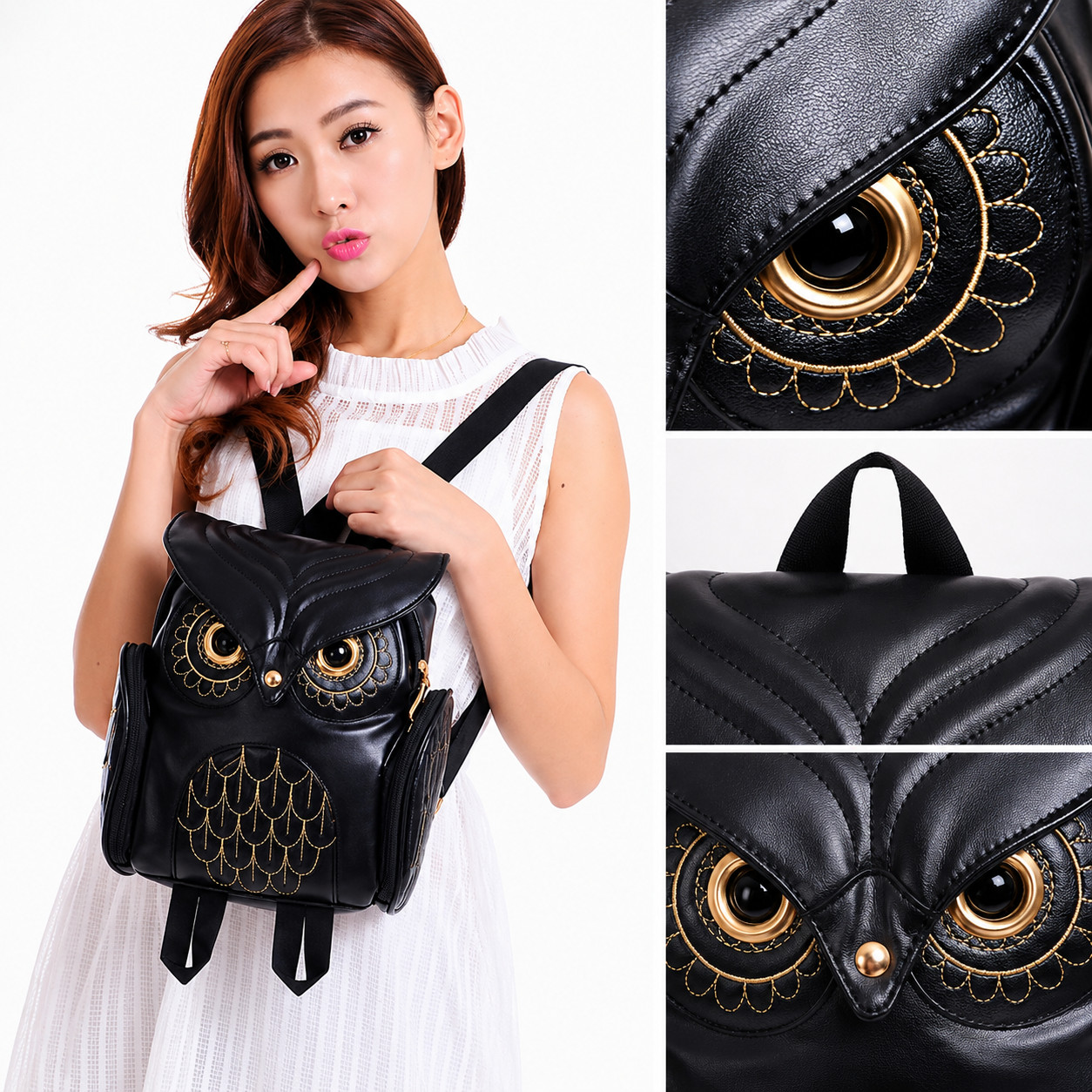 Womens Owl Backpack Black PU Leather Mini Backpack Cute School Travel Bag