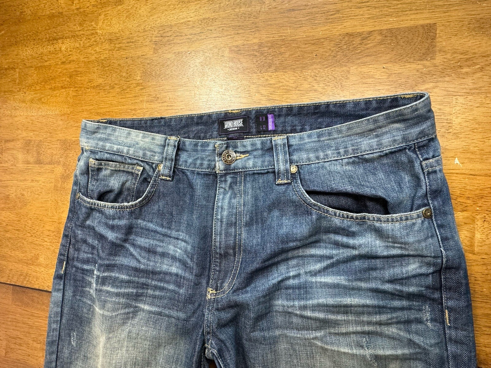 Grindhouse Bleach Washed Jeans Unique Design Mens Size 38×32 Slim Straight Fit