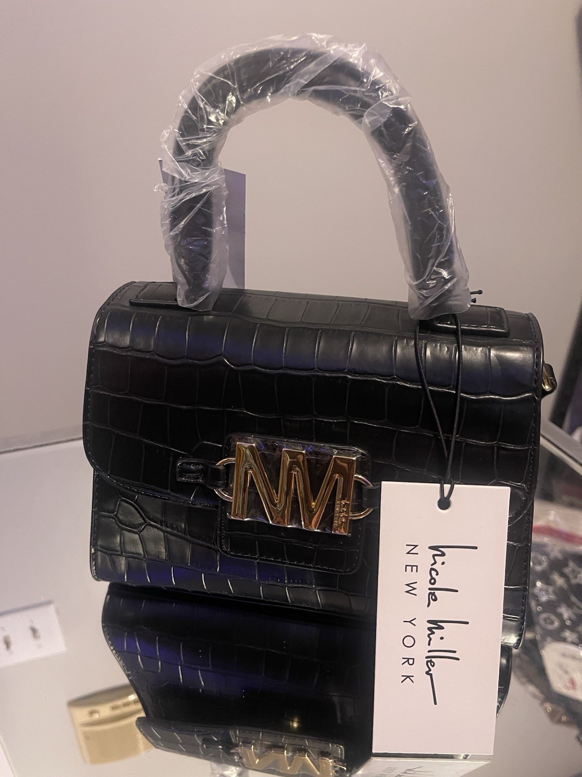 Nicole Miller New York Black Faux Croc Small Satchel Push Lock Detach Strap