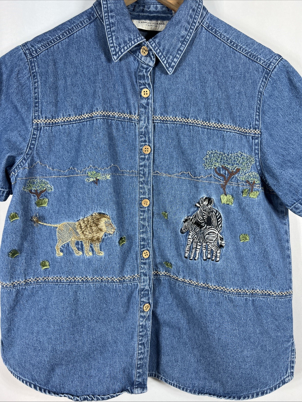 Vintage Lemon Grass Safari Denim Blouse Lion Zeba Embroidery Size Petite Medium