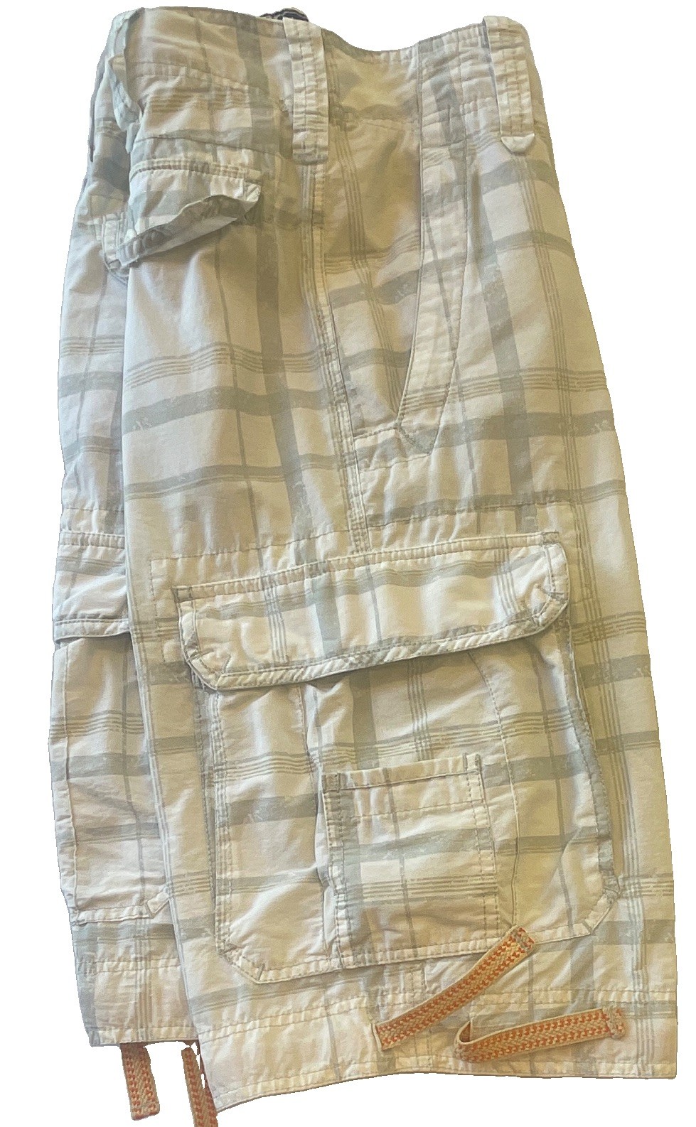 Wearfirst Men’s Plaid Cargo Shorts White/Gray Pockets Button Fly Flat Front. S30