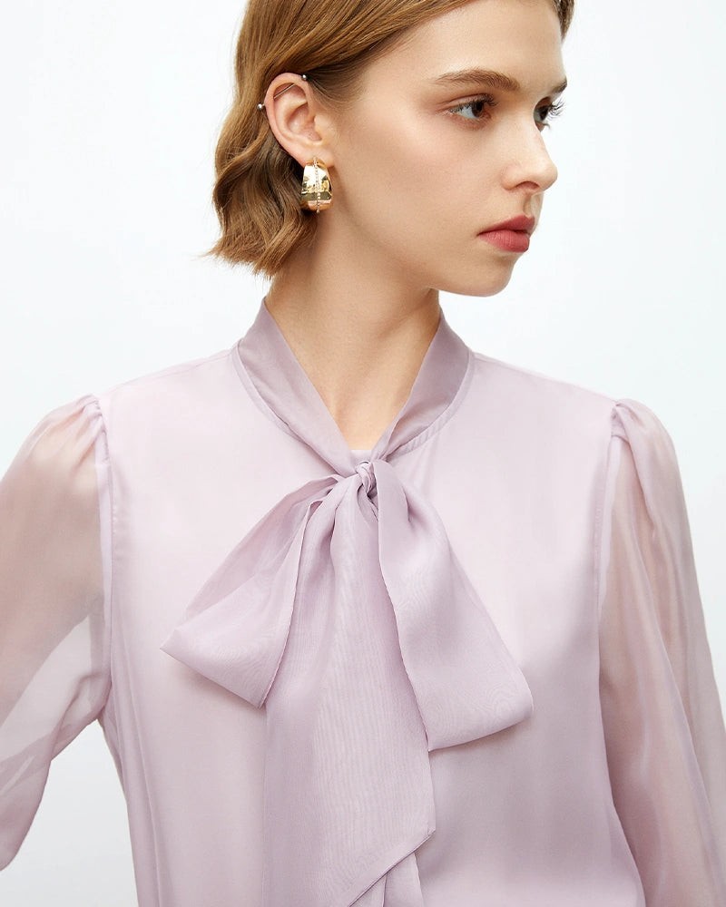 Tie Neck Silk Blouse with Sheer Sleeves