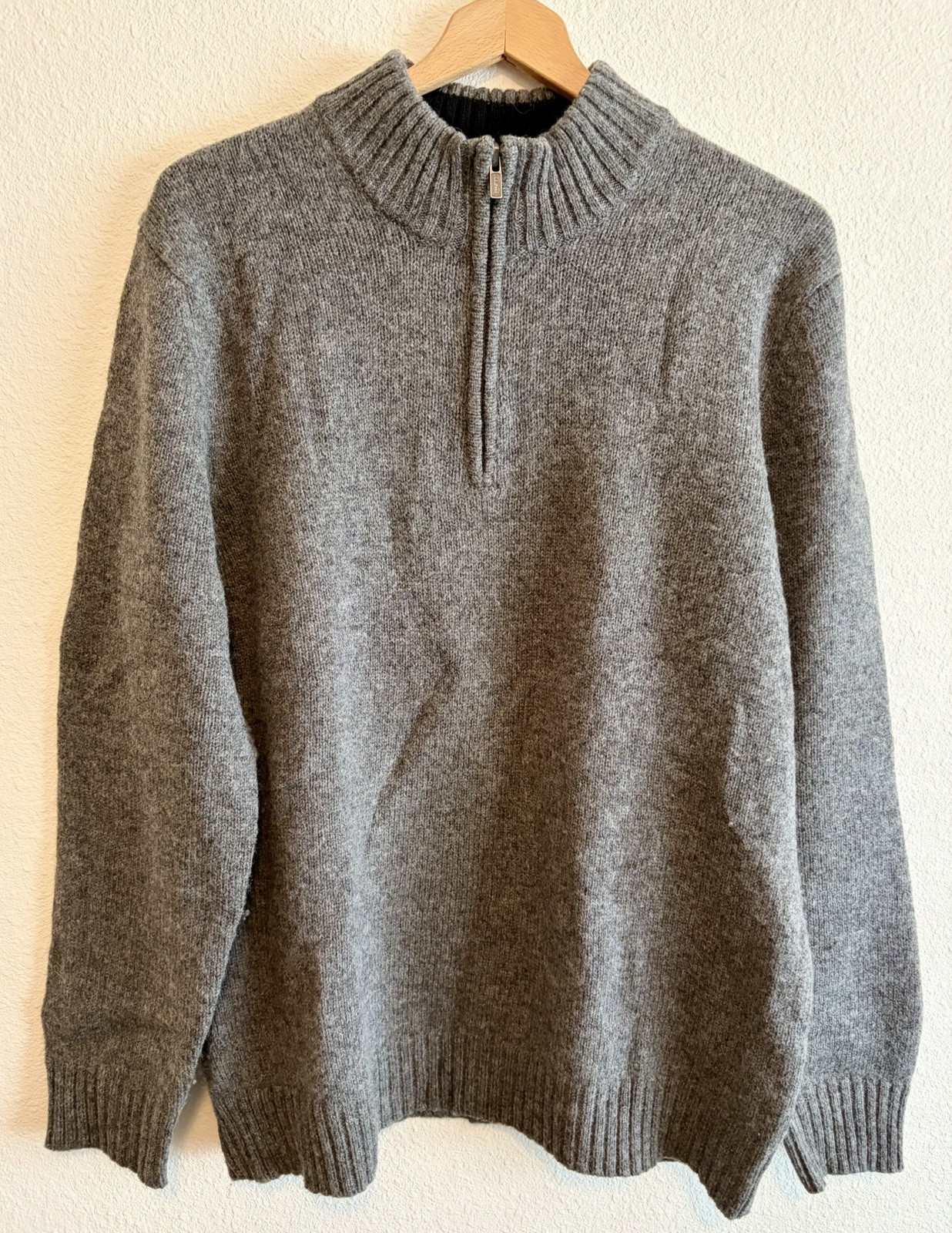 LL Bean 100% Wool Shetland Sweater Mens Large Gray 1/4 Zip Pullover Elbow Patch