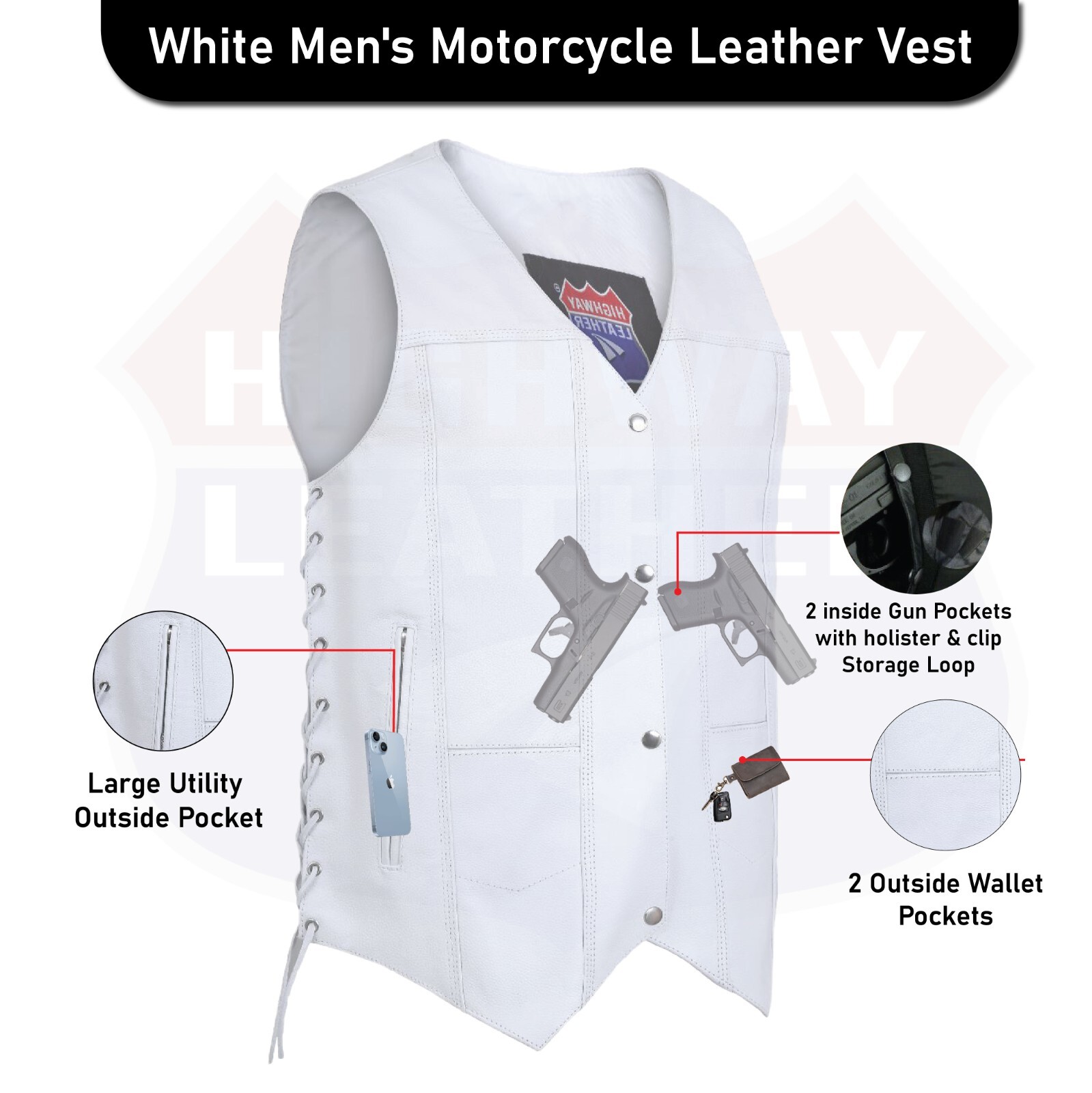 Mens Genuine Leather 10 Pockets Motorcycle Biker Club Vest White SOA 3540White