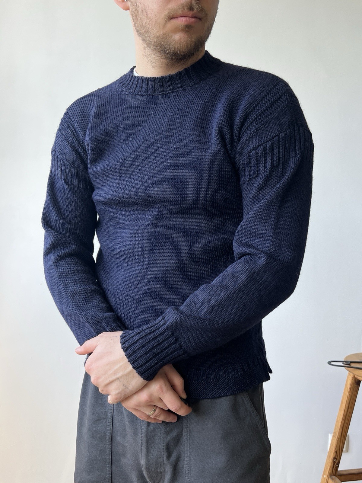 Le Tricoteur Guernsey Jumper Style Small Navy Pure British Wool Fisherman