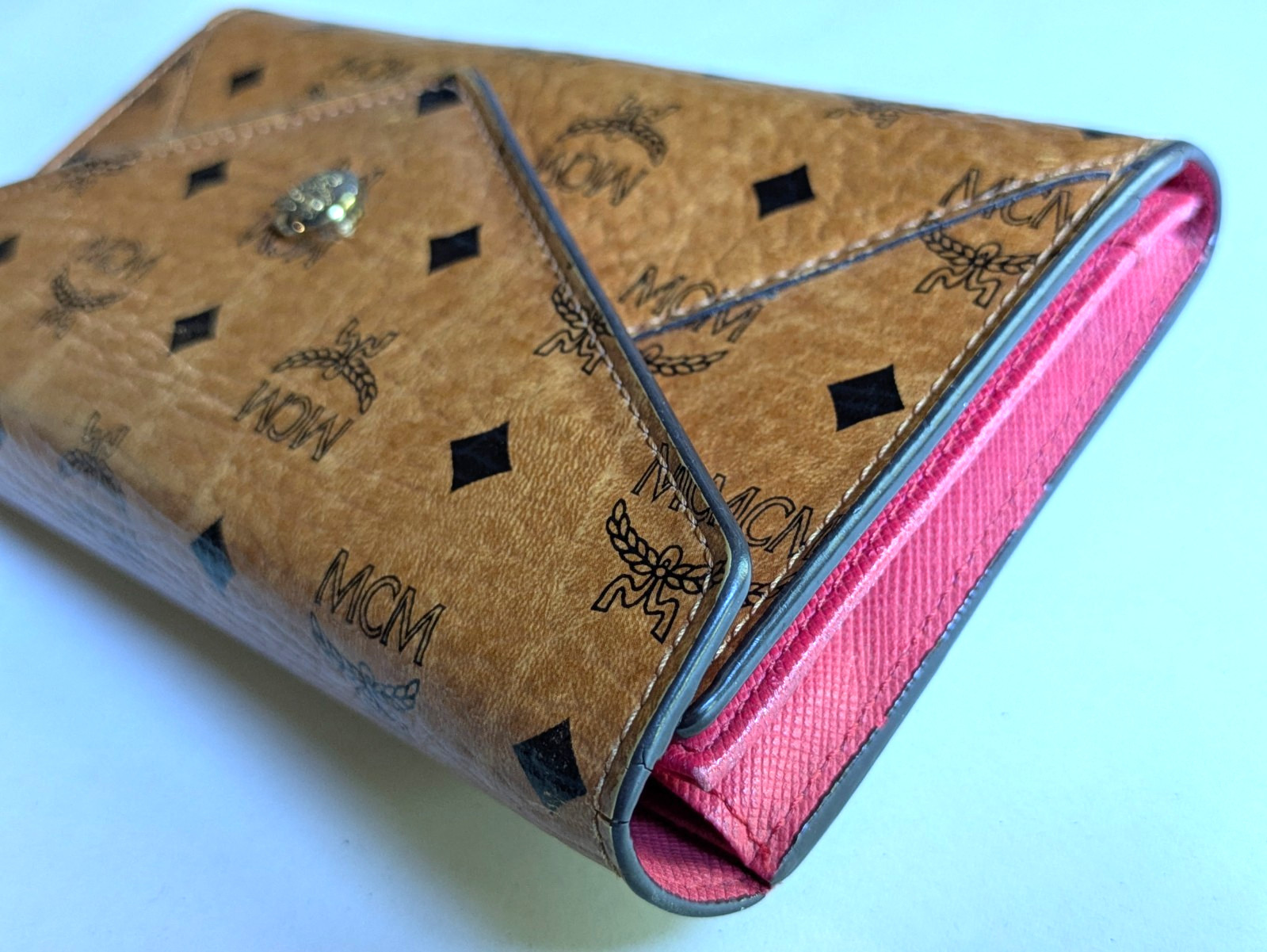 MCM Visetos Flap Long Wallet Cognac Brown Pink Bifold Authentic W7.5in H3.5in