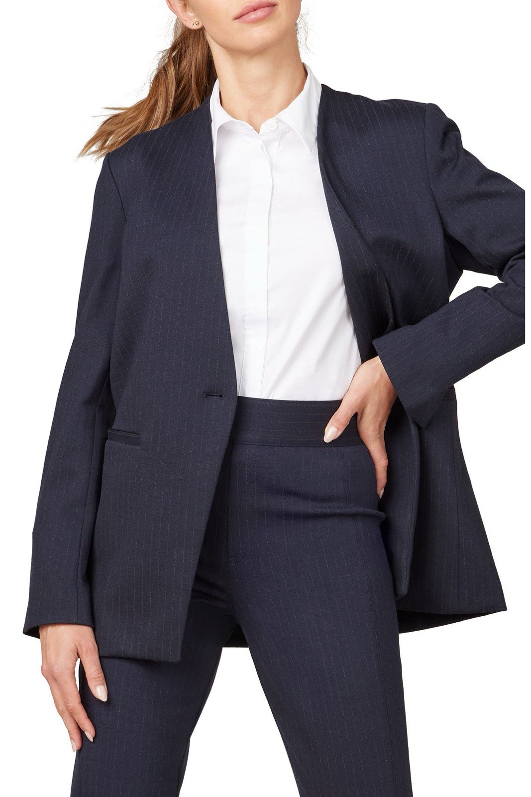 Spanx Perfect Collarless Blazer L Classic Navy Pinstripe Stretch Ponte Knit