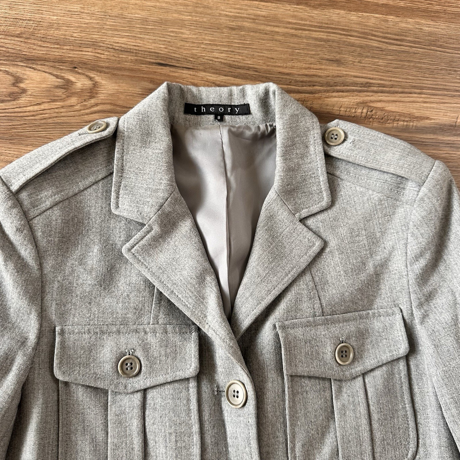 Theory Womens Utility Blazer Jacket Wool Blend Gray Womens 8 Military Button