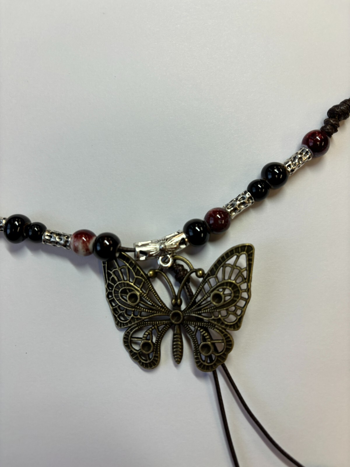 Black White Bead Silver Butterfly Pendant Charm Blessing Vintage Necklace