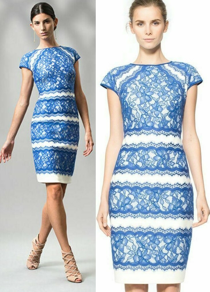 Tadashi Shoji Neoprene Lace Overlay China Blue Snow Cap Sleeve Dress $359