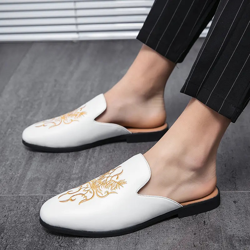 Embroidered Mules Men Round Toe Slip on Faux Leather Fashion Casual Shoes Ethnic