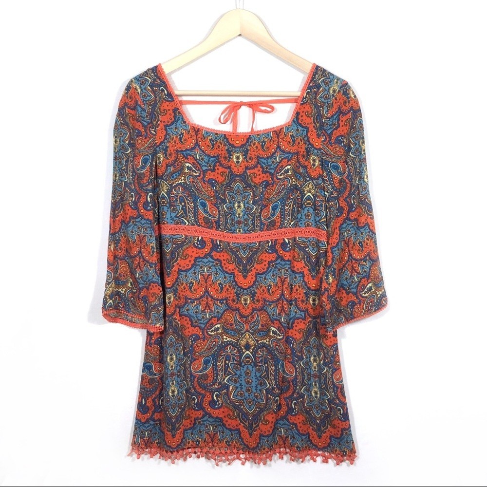 FREE PEOPLE Mini Dress Womens 2 Orange Blue Paisley Bell Sleeve Tunic $148 U924