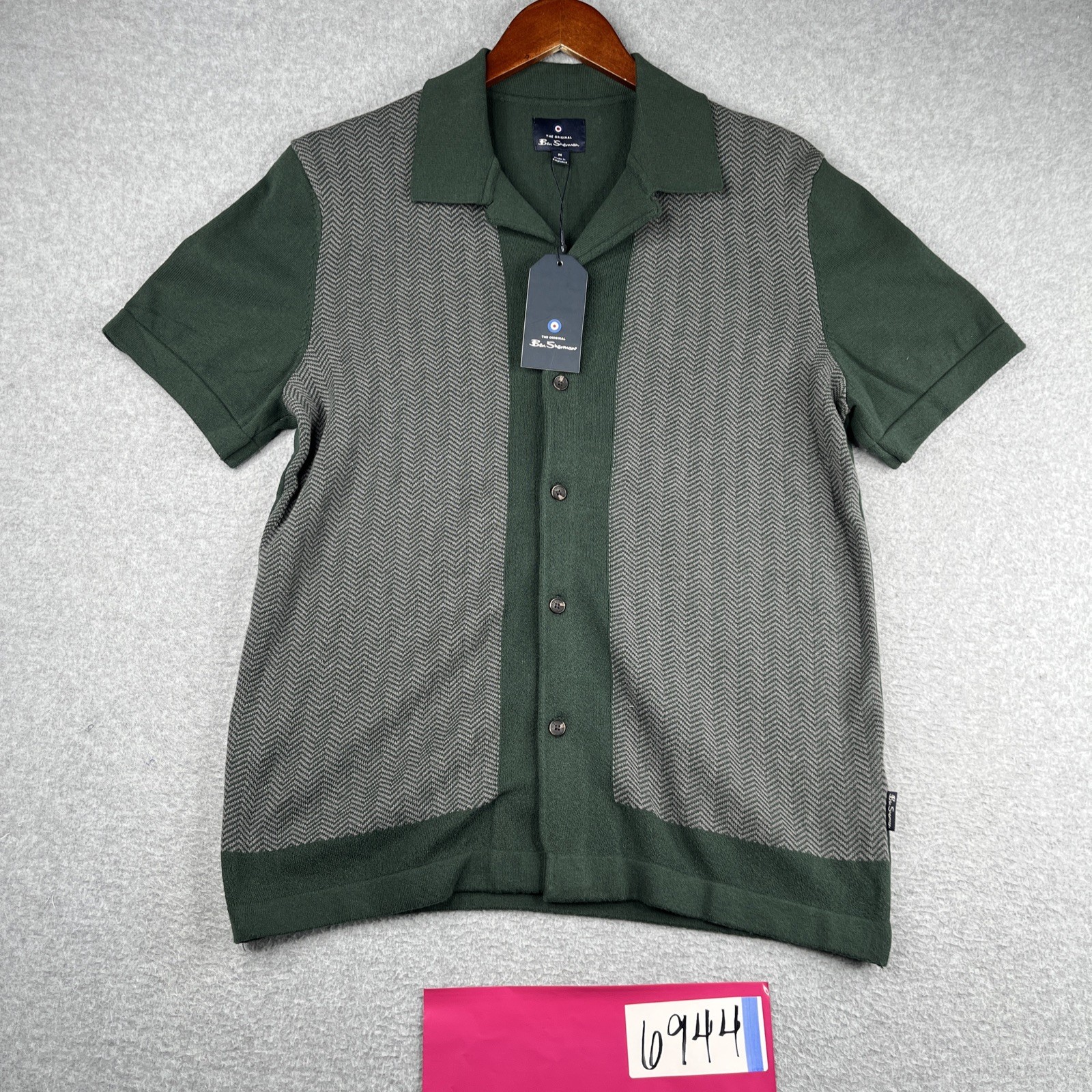 Ben Sherman Knit Shirt M Green Chevron Button Up Short Sleeve Casual New NWT