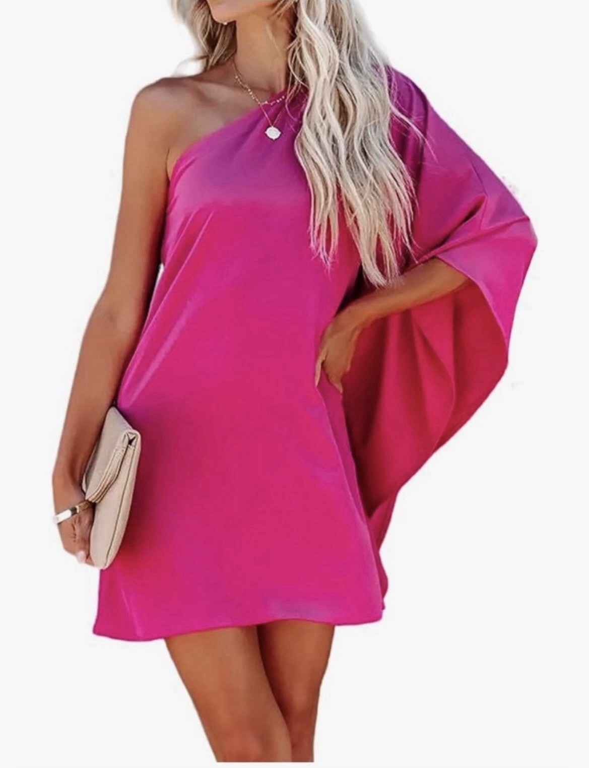 Women’s Pink One-Shoulder Satin Mini Dress Draped Batwing Long Sleeve Size S