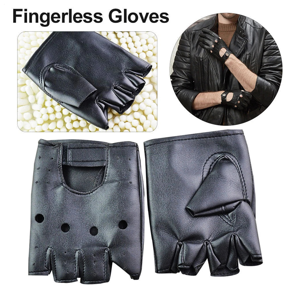 2× Men’s Black Motorcycle Fingerless Leather Half Finger Driving Biker Gloves US