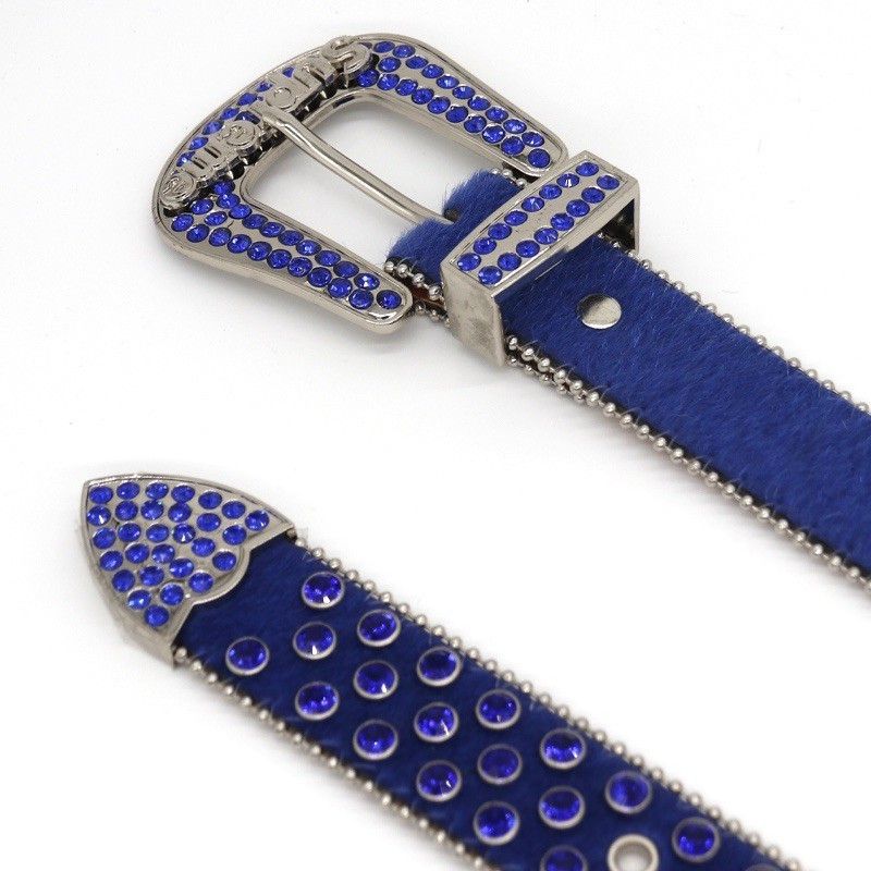 Blue Rhinestone Studded Western Belt – Y2K Bling Cowboy Statement Belt