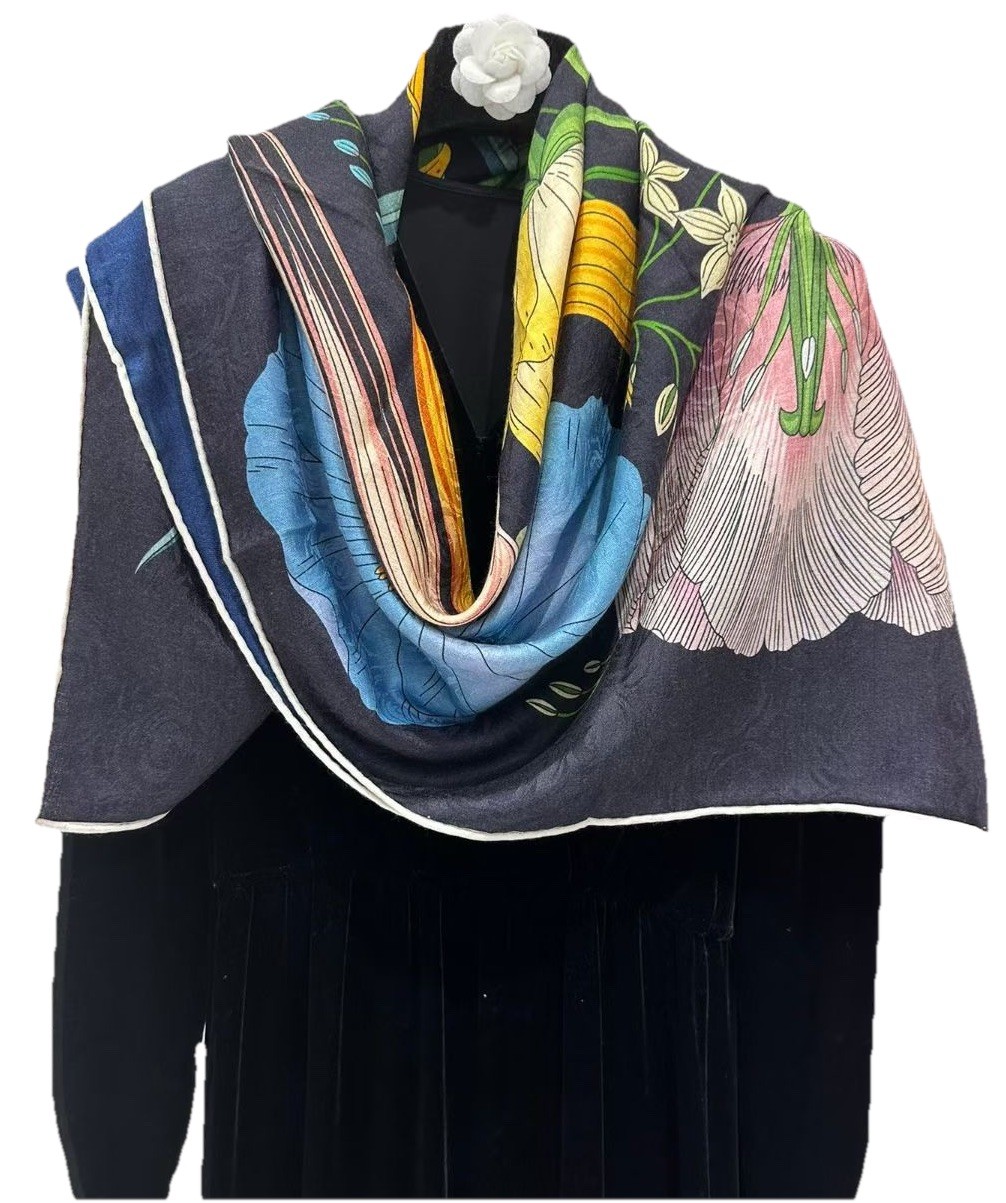41″x41″Flower2 Print70shmere30%Silk Jacquard Double-sided Thin Scarf105x105cm
