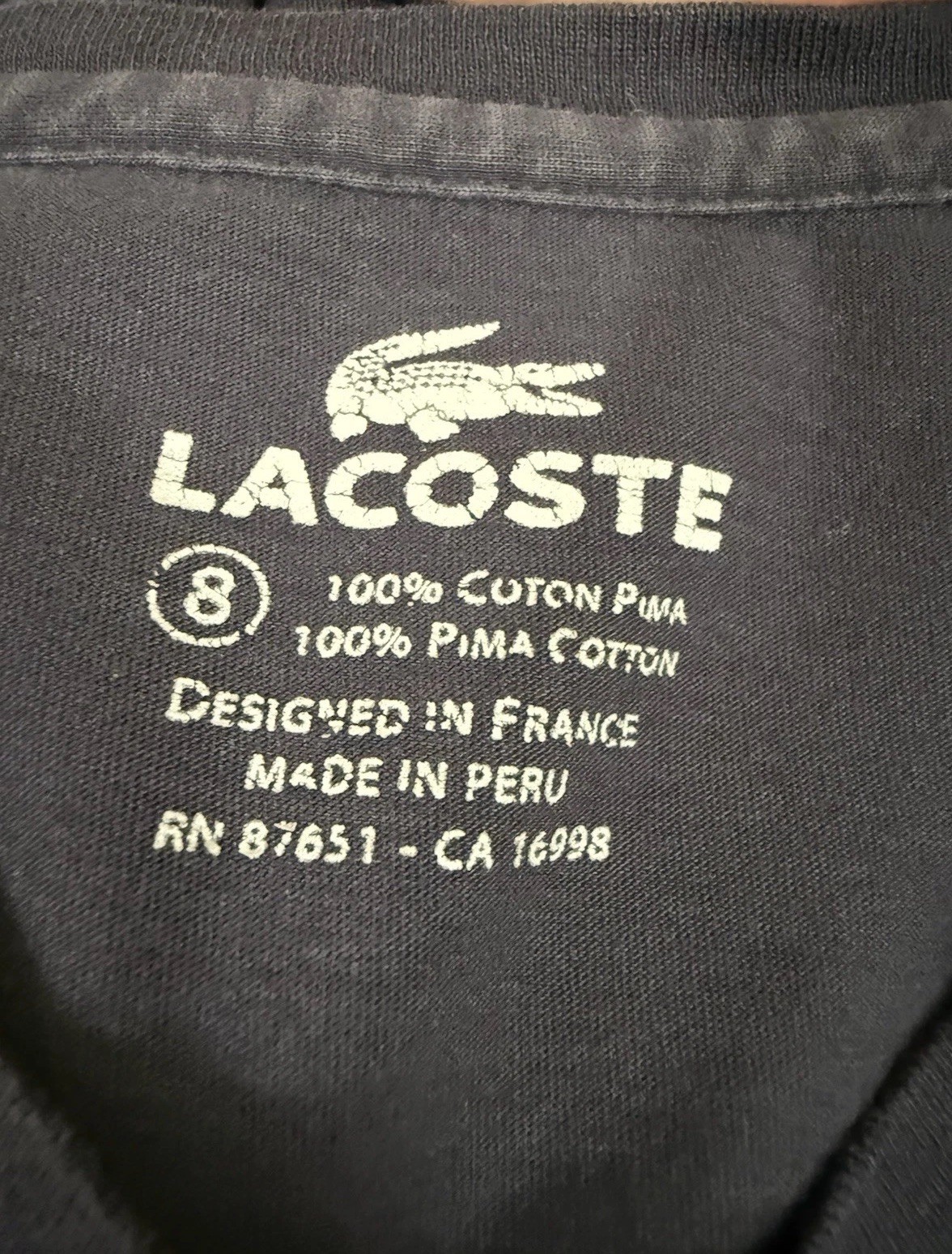LACOSTE Size 8 Medium Vneck Pima Cotton Navy Blue Logo Patch Long Sleeve TShirt