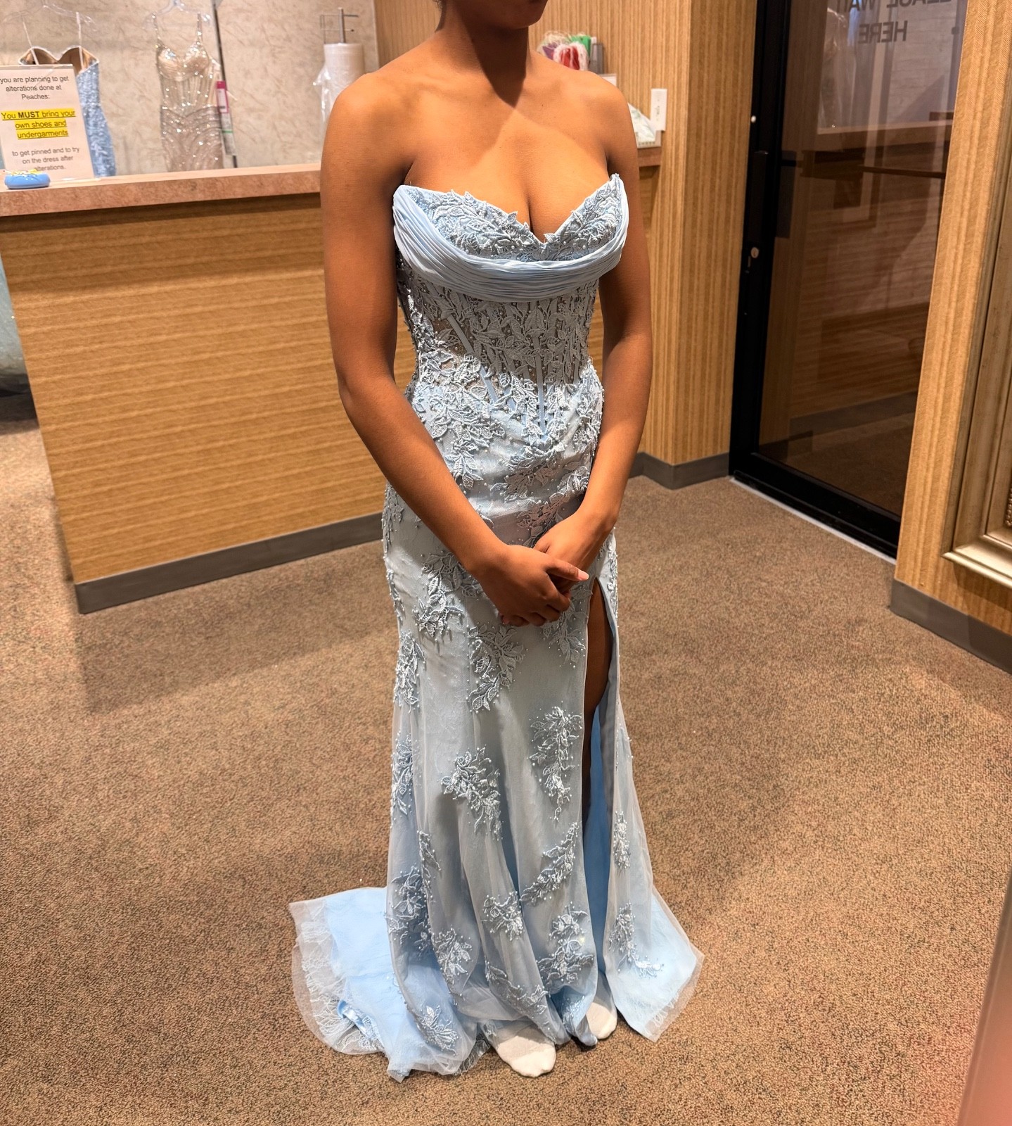 prom dress size 0 sherri hill formal long light blue corset with leg slit