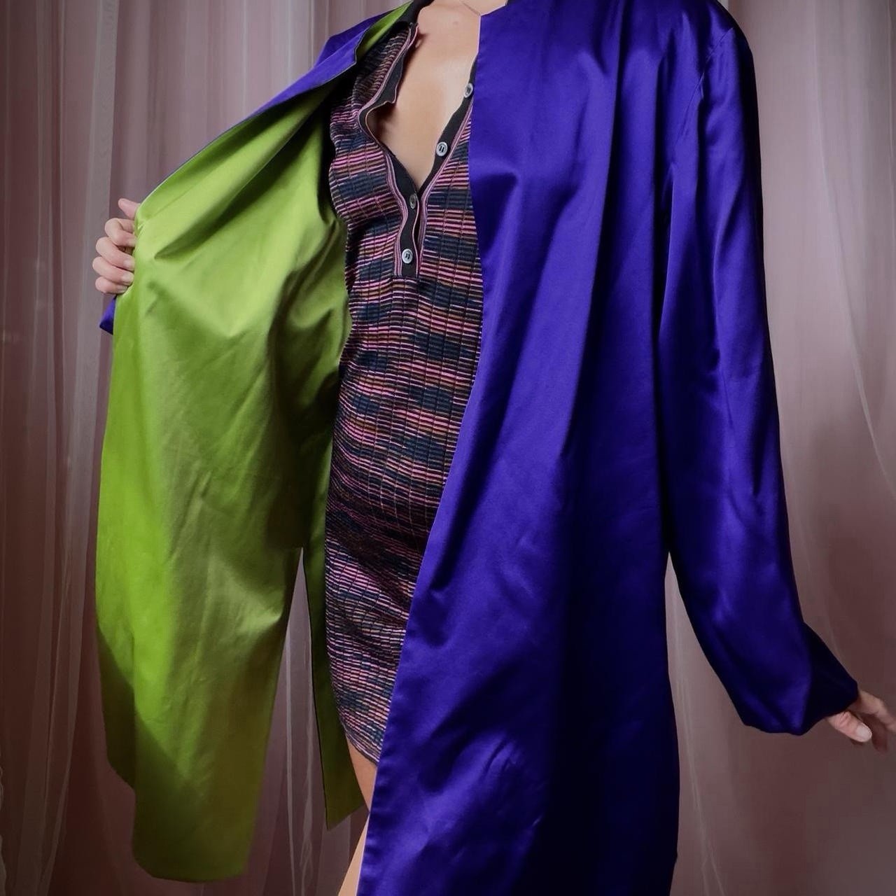 1960s Absinthe Green & Violet Silk Reversible Robe Coat
