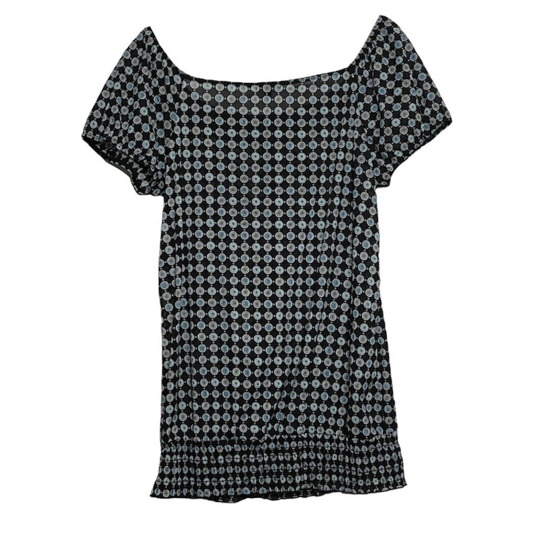 Maurices Womens Top Black Geometric Print Square Neck Short Sleeve Smocked Hem L
