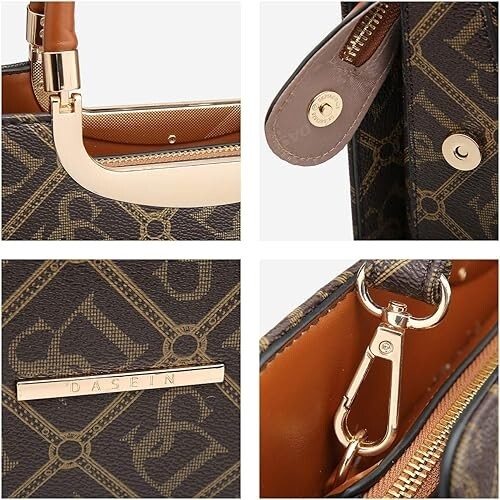 Handbags women, Brown w/ gold accents, 14.5″W x 11″H x 4″D, handle drop4.7″