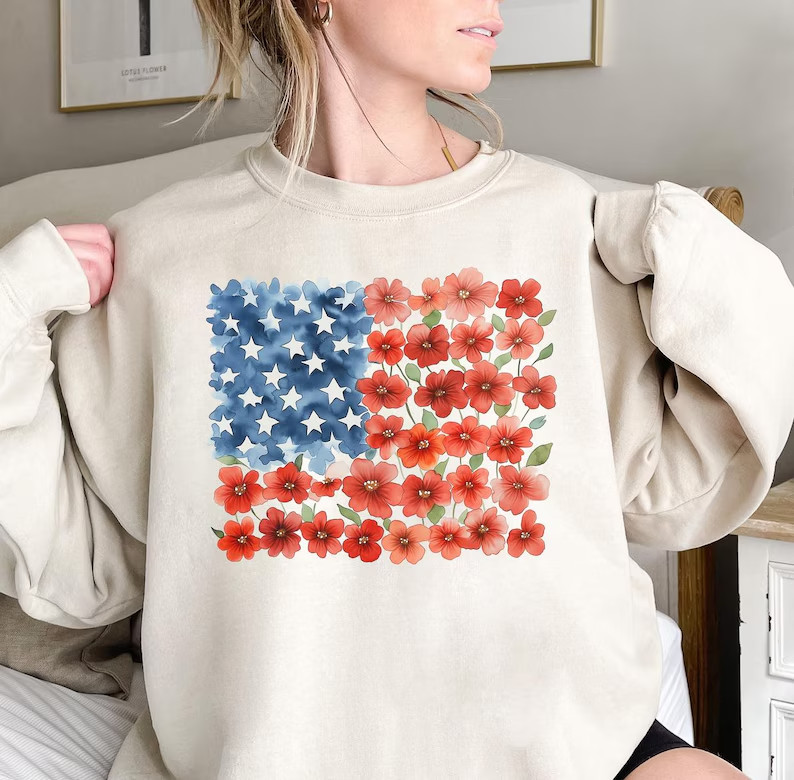 Floral American Flag Shirt, Patriotic Flower T-Shirt, 4th of July Floral Tee