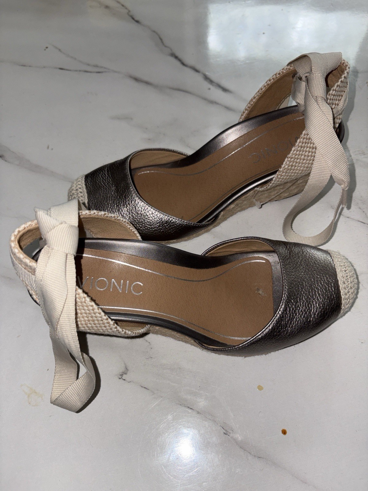 Vionic Metallic Bronze Espadrille Wedges with Cream Ankle Ties