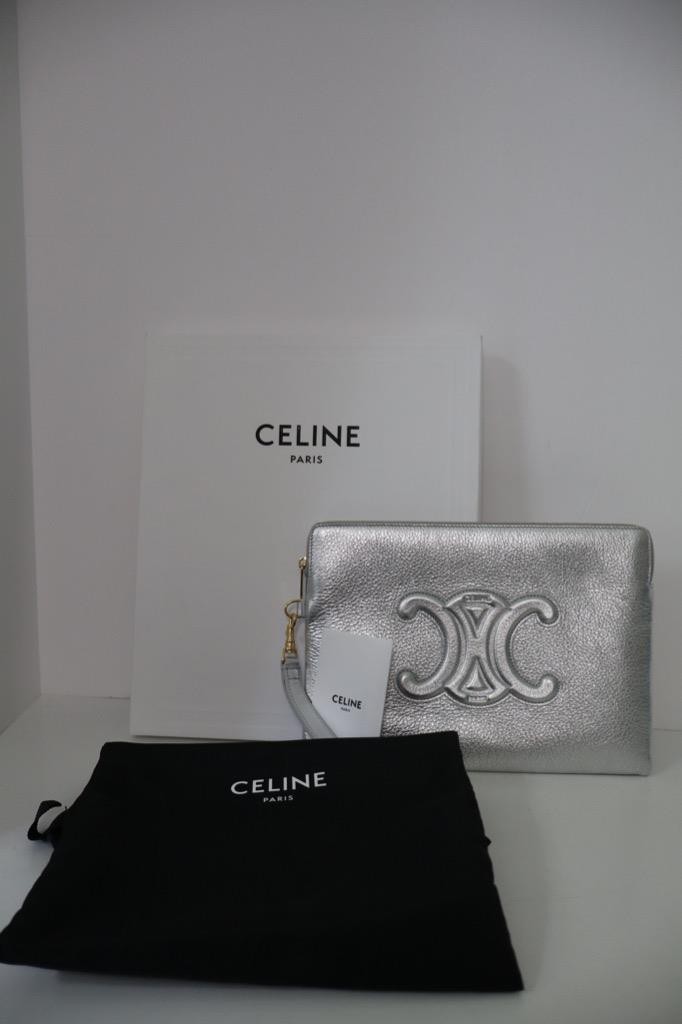 NIB CELINE Silver Leather Pouch/Wristlet Clutch Bag