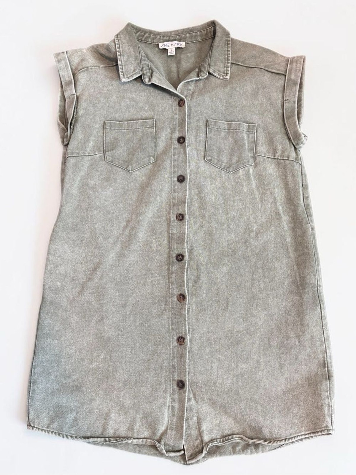 She + Sky Olive Green Mineral Wash Shirt Dress Womens Large Sleeveless Button