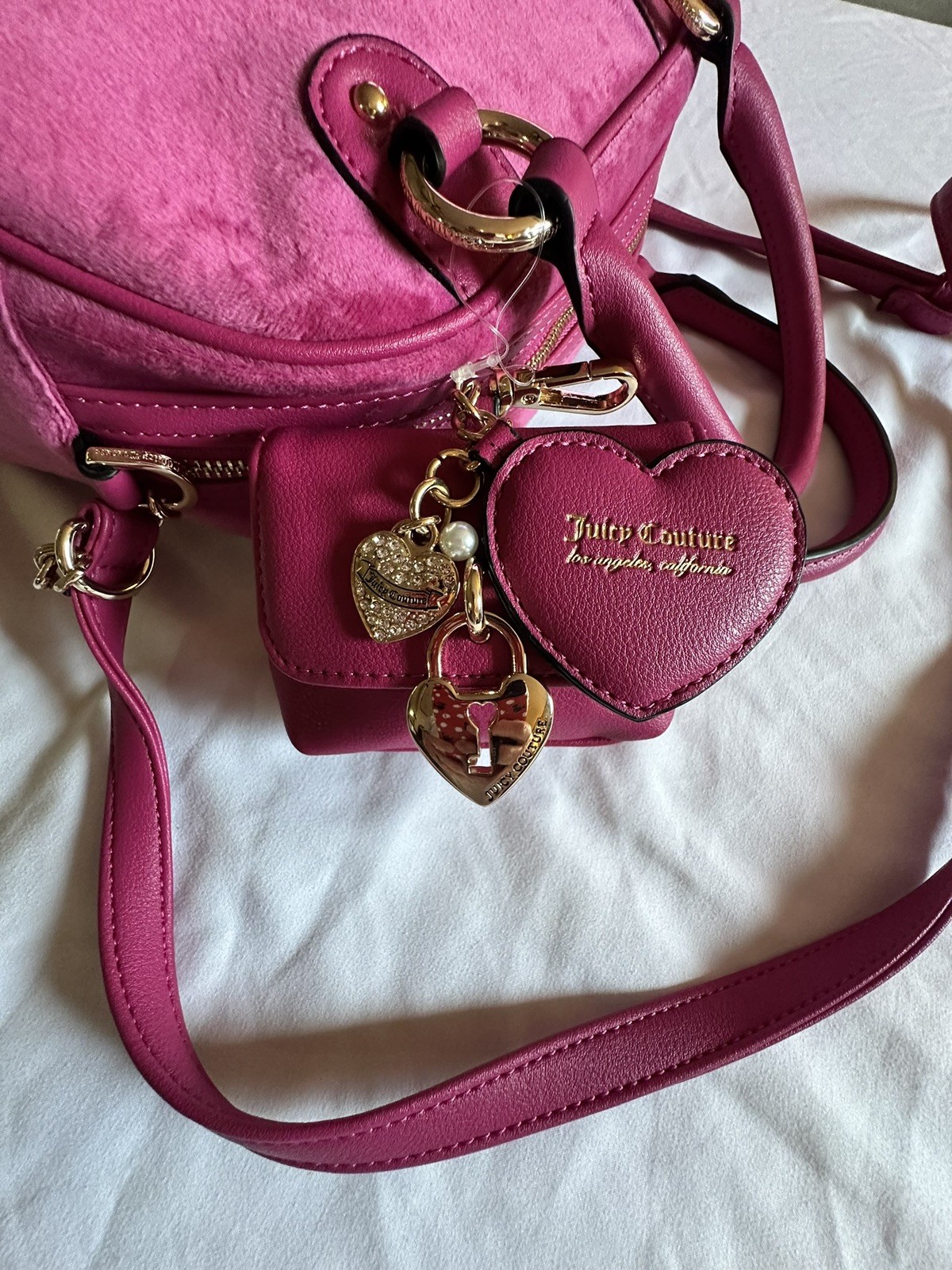 JUICY COUTURE QUEEN COUTURE SATCHEL BAG W/ MINI COIN BAG CHARMS RASPBERRY TART