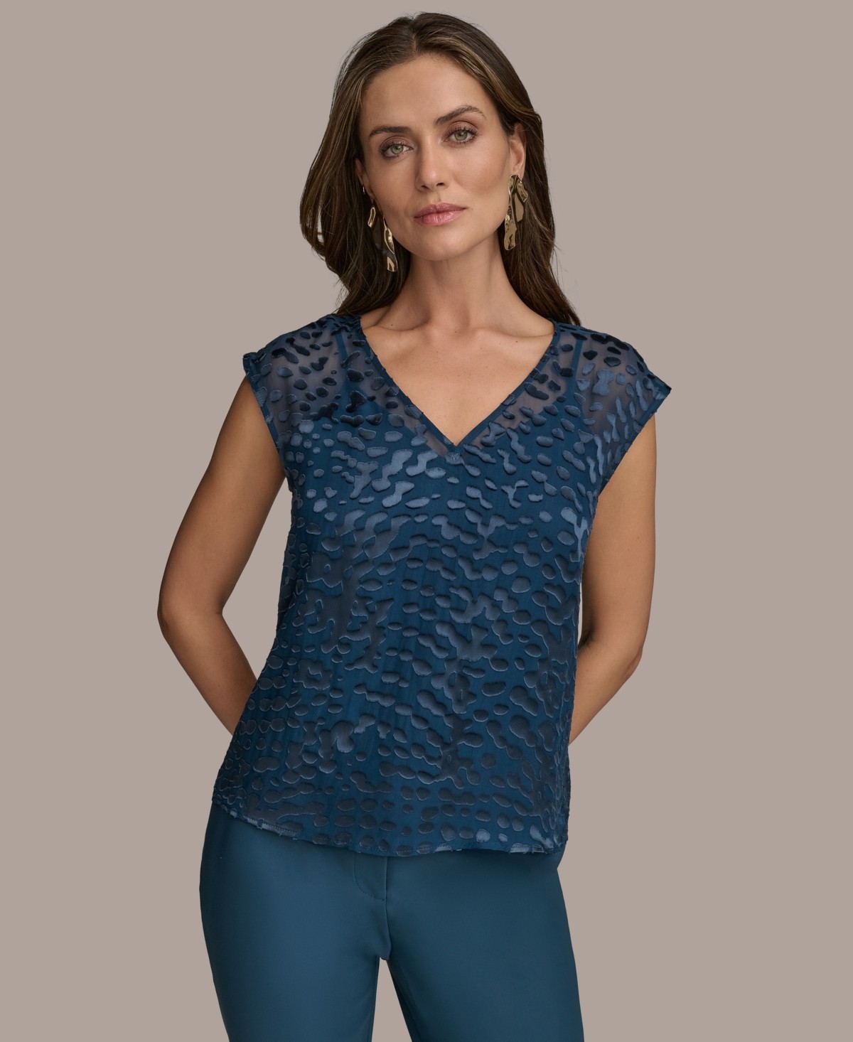 Donna Karan New York Silk-Blend Cap-Sleeve Burnout Blouse Womens L Tide Pullover