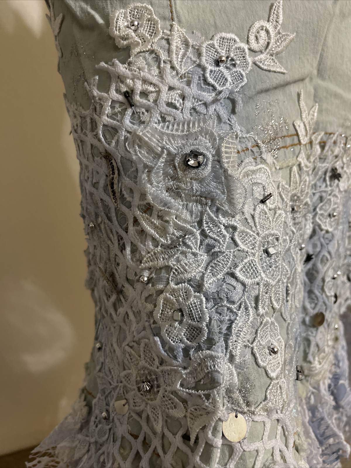 Light Blue Denim Cotton Embroidery Lace Bead Boho Size XL(10-12) Skirt SK 708