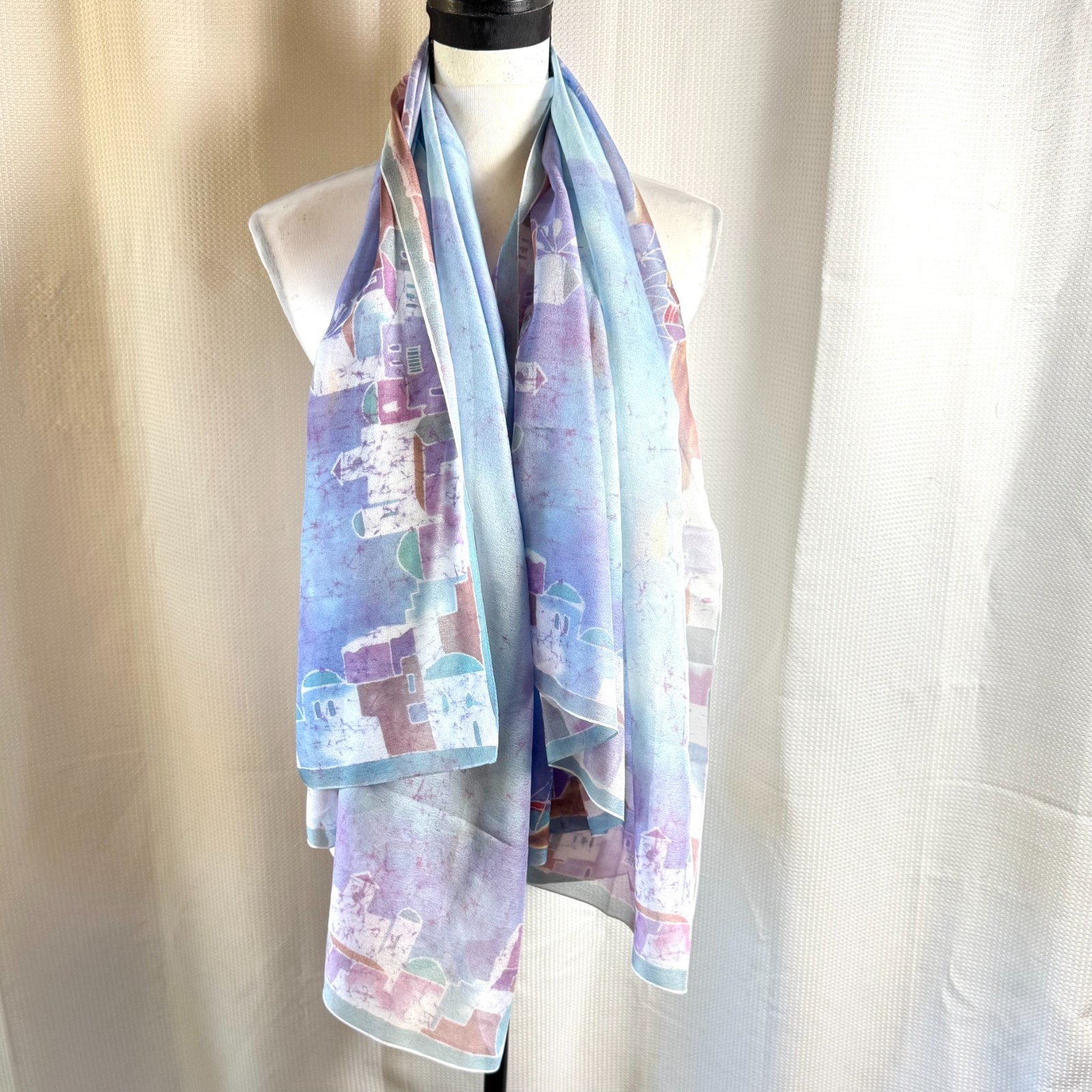 Hand Painted Scarf CM Batik M Cabeli Silk Chiffon Made in Greece Santorini EUC