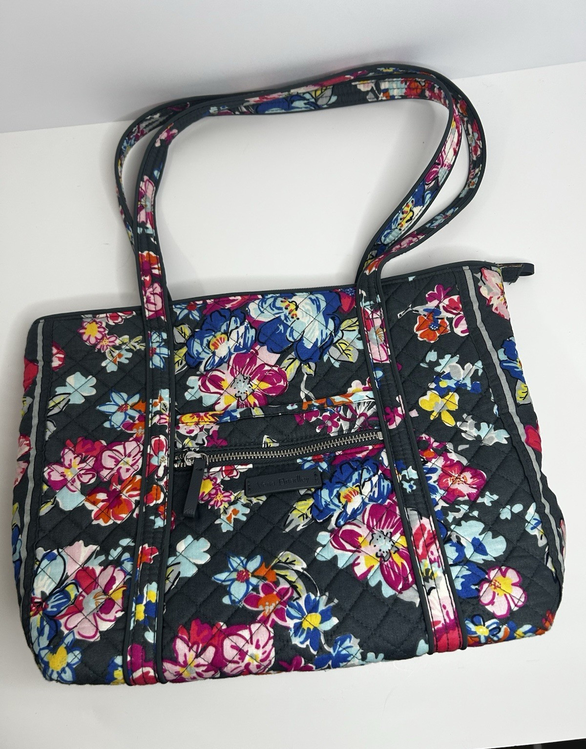 Vera Bradley Floral Quilted Tote Bag Black/Multicolor Zip Top Silver Hardware